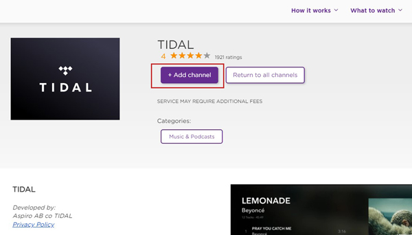 add tidal on roku channelstore website